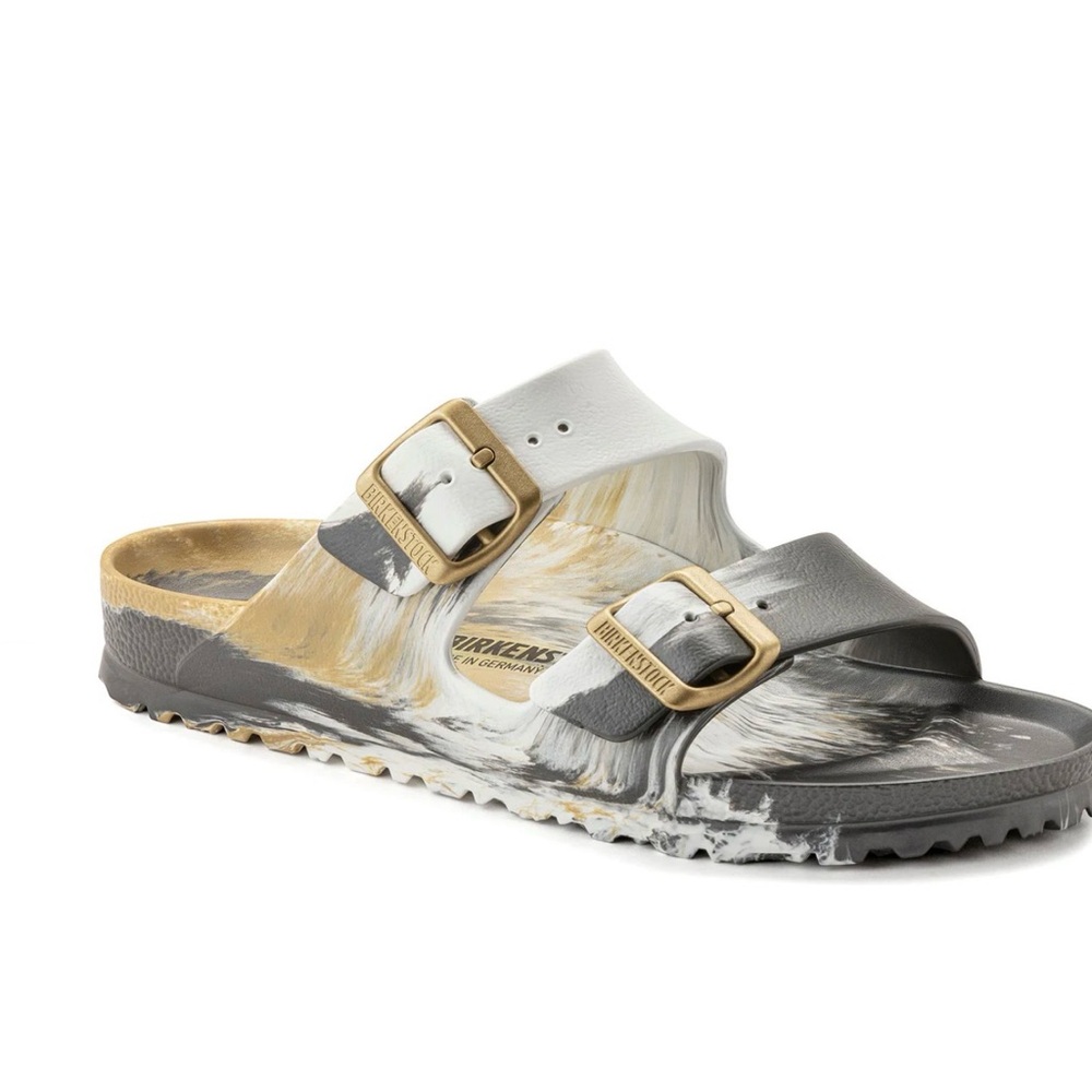 Birkenstock Arizona Two-Strap Sandal in Marbled White Gray Tan size 40